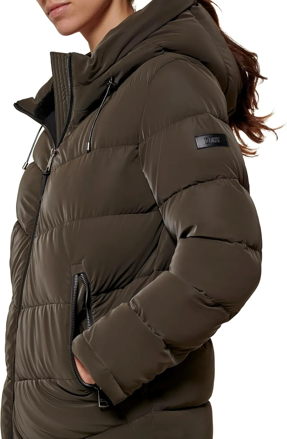 DKNY Women's Faux Fur Trim Hood Down Puffer Coat