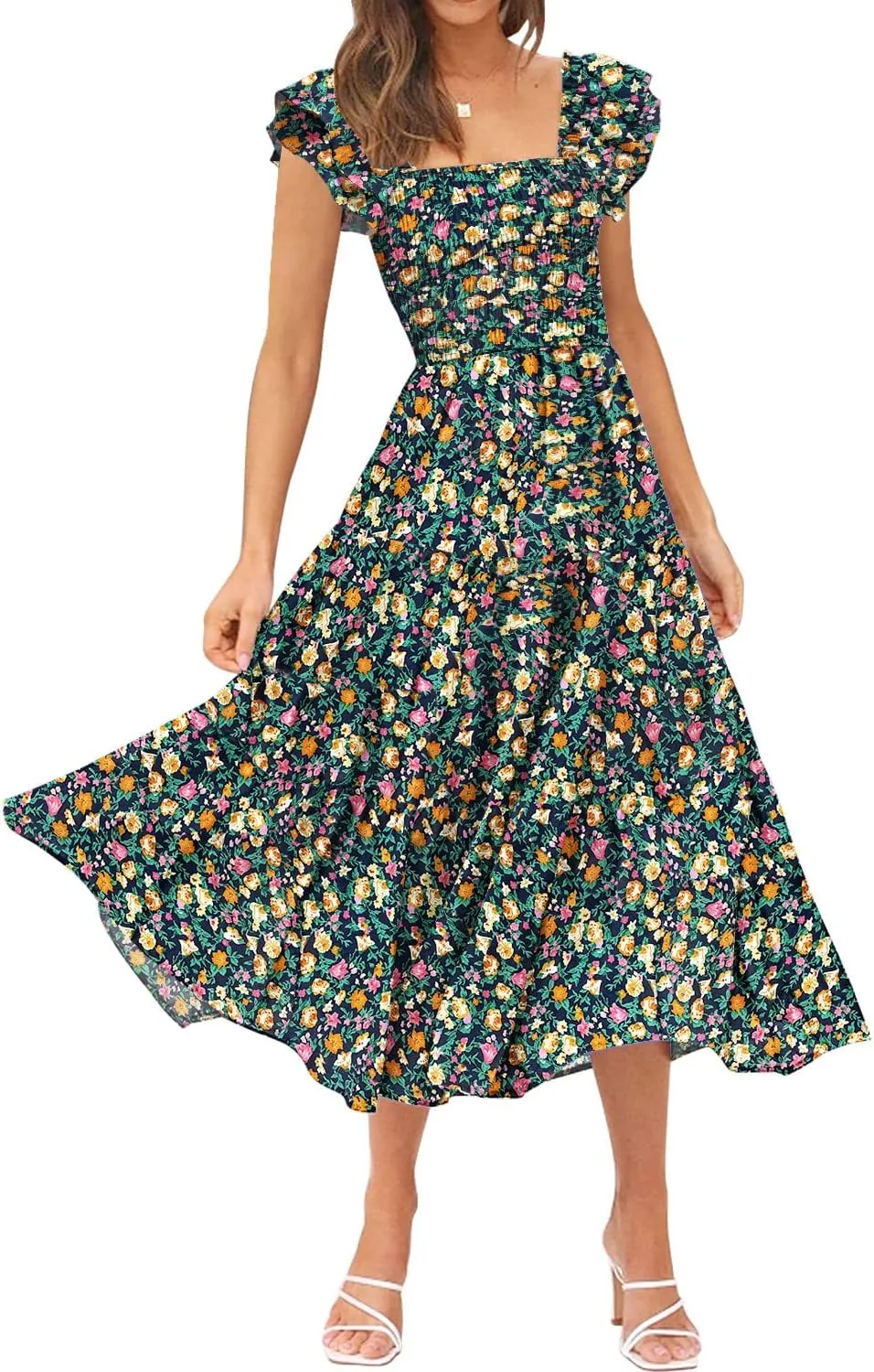 DOROSE Women's Summer Floral Dress Square Neck Smocked Boho Midi Dress Ruffle Tie Back Flowy Beach Long Tiered Dress