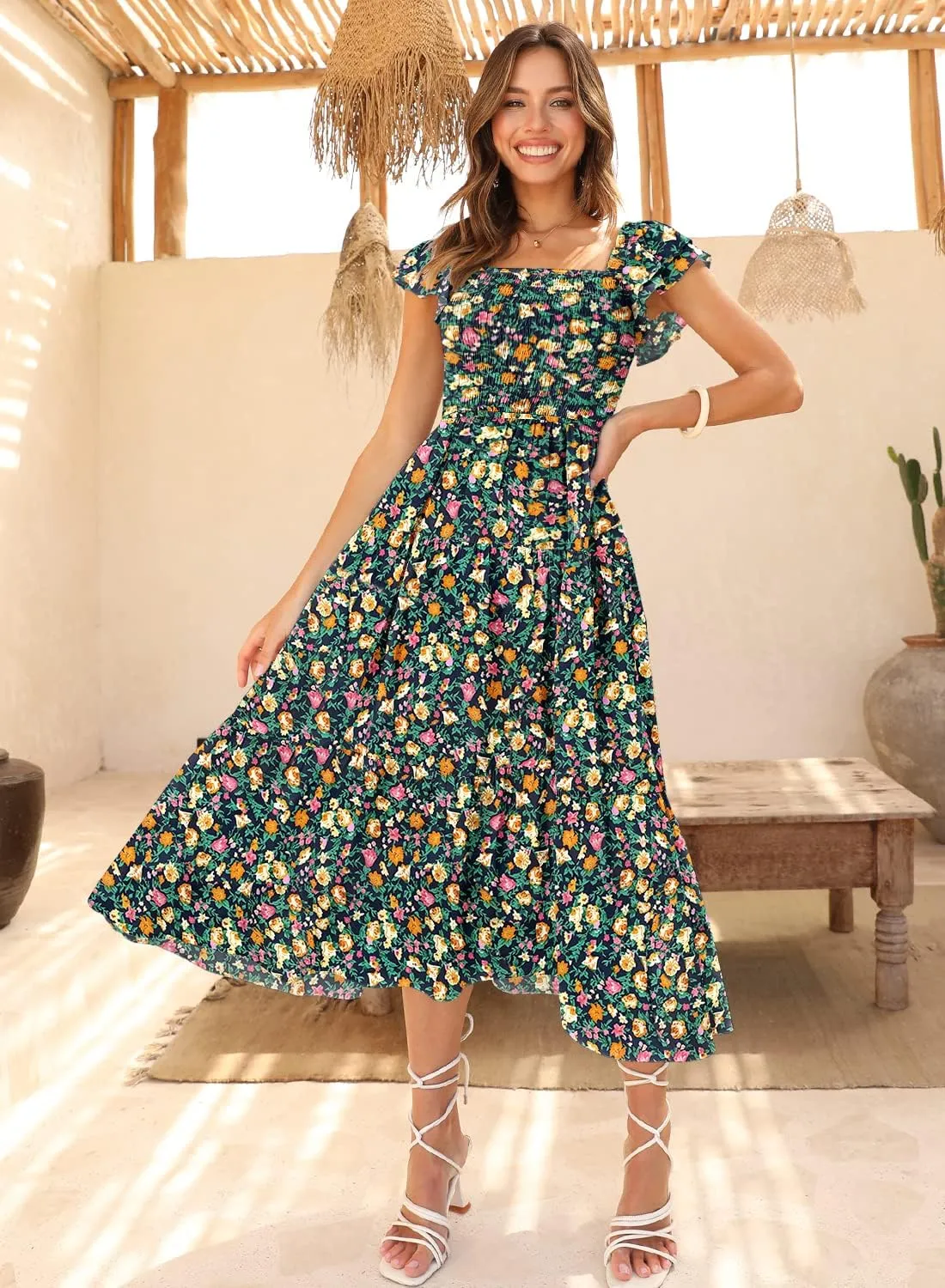 DOROSE Women's Summer Floral Dress Square Neck Smocked Boho Midi Dress Ruffle Tie Back Flowy Beach Long Tiered Dress