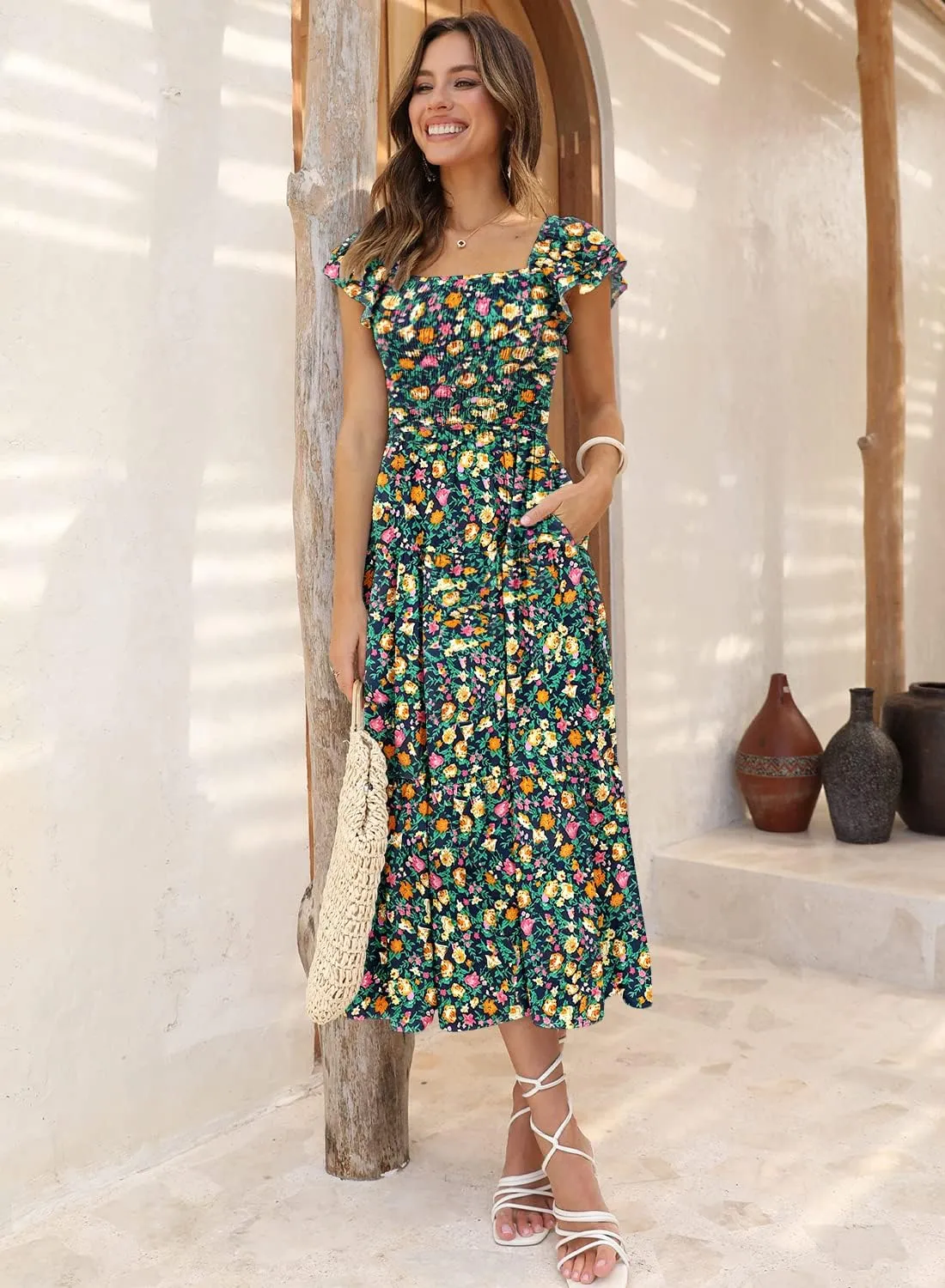 DOROSE Women's Summer Floral Dress Square Neck Smocked Boho Midi Dress Ruffle Tie Back Flowy Beach Long Tiered Dress