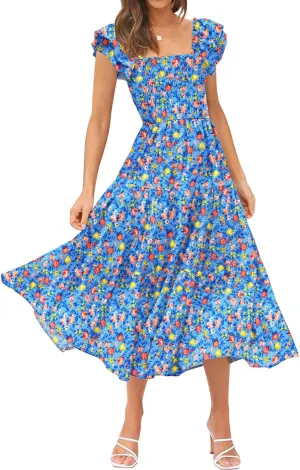 DOROSE Women's Summer Floral Dress Square Neck Smocked Boho Midi Dress Ruffle Tie Back Flowy Beach Long Tiered Dress