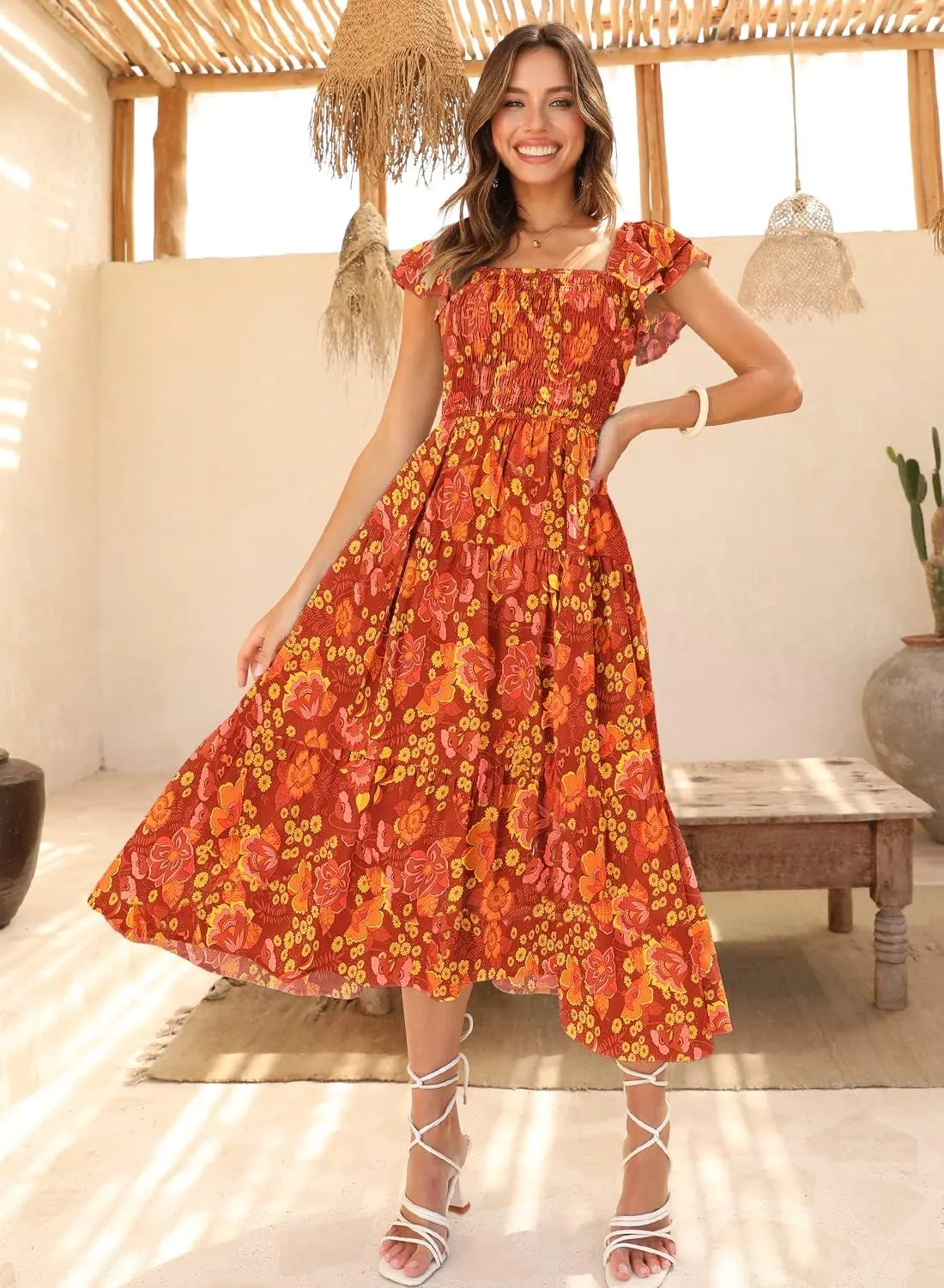 DOROSE Women's Summer Floral Dress Square Neck Smocked Boho Midi Dress Ruffle Tie Back Flowy Beach Long Tiered Dress