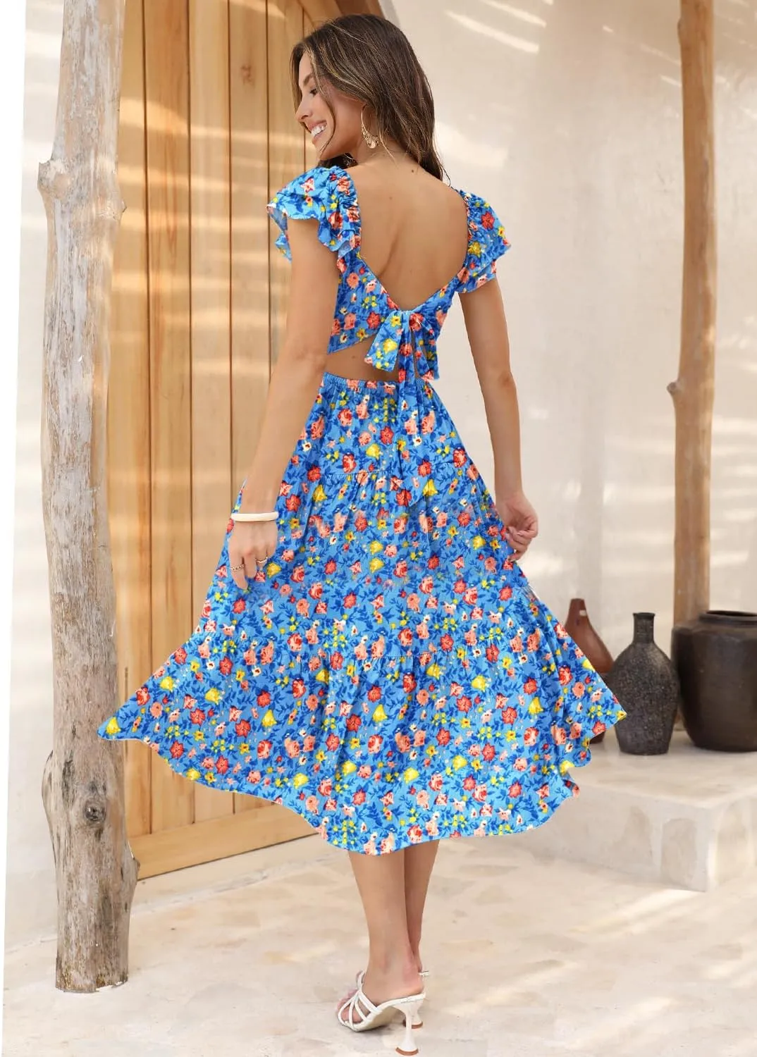 DOROSE Women's Summer Floral Dress Square Neck Smocked Boho Midi Dress Ruffle Tie Back Flowy Beach Long Tiered Dress