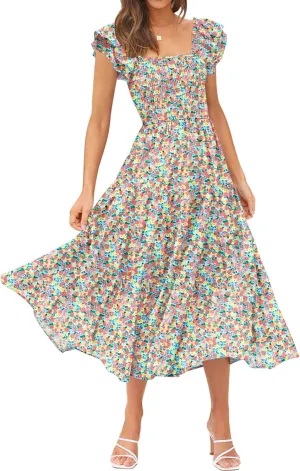 DOROSE Women's Summer Floral Dress Square Neck Smocked Boho Midi Dress Ruffle Tie Back Flowy Beach Long Tiered Dress