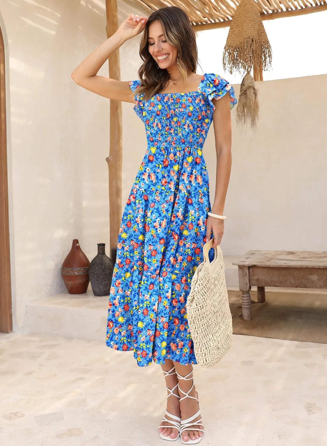 DOROSE Women's Summer Floral Dress Square Neck Smocked Boho Midi Dress Ruffle Tie Back Flowy Beach Long Tiered Dress