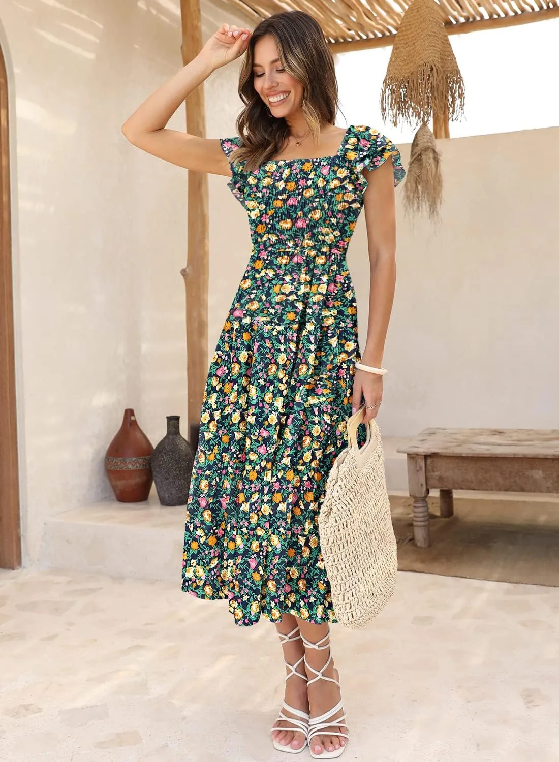 DOROSE Women's Summer Floral Dress Square Neck Smocked Boho Midi Dress Ruffle Tie Back Flowy Beach Long Tiered Dress