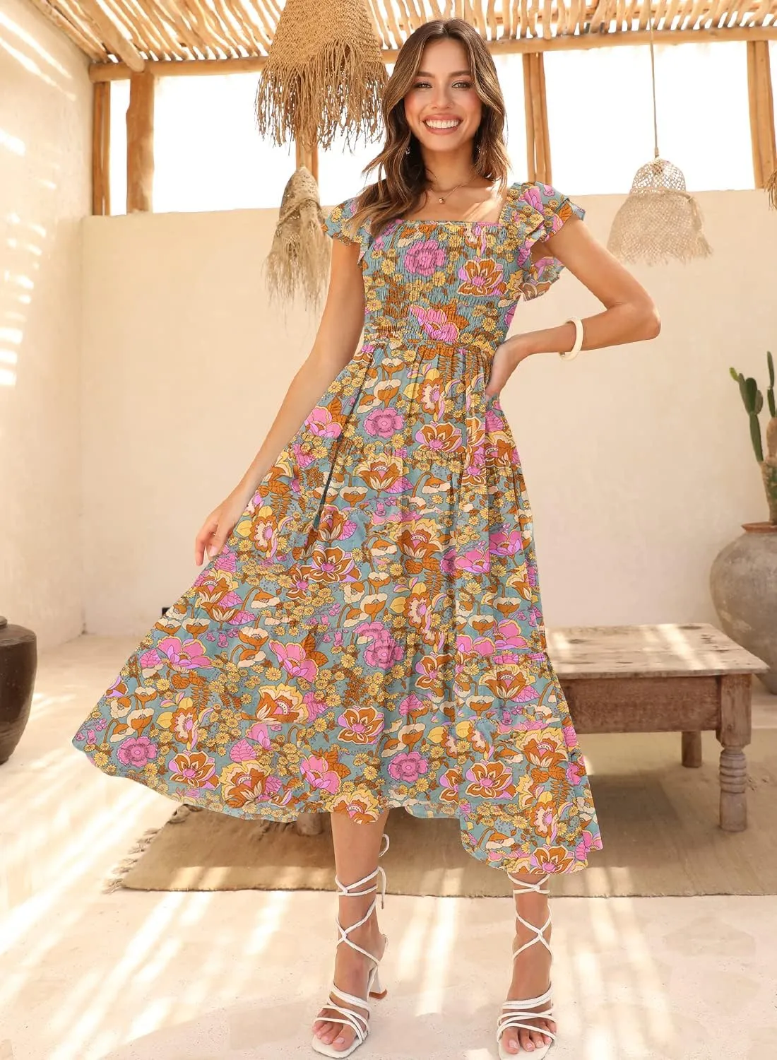 DOROSE Women's Summer Floral Dress Square Neck Smocked Boho Midi Dress Ruffle Tie Back Flowy Beach Long Tiered Dress