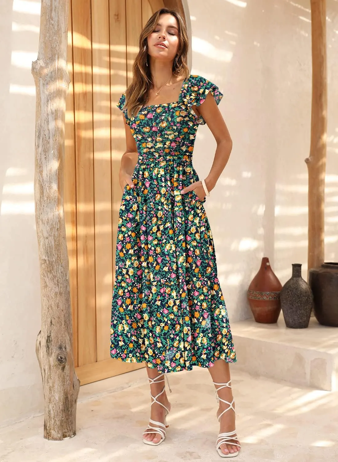 DOROSE Women's Summer Floral Dress Square Neck Smocked Boho Midi Dress Ruffle Tie Back Flowy Beach Long Tiered Dress