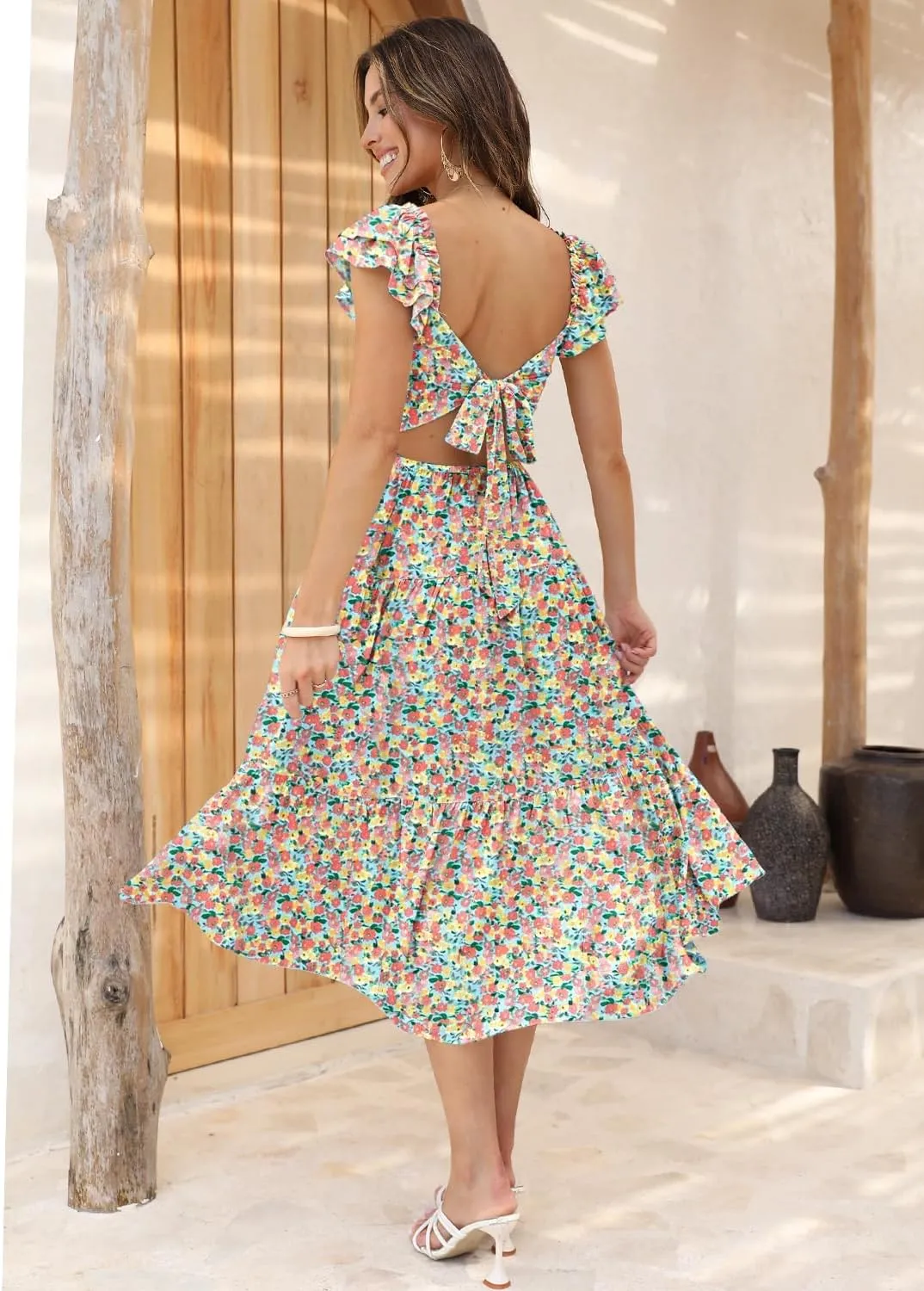 DOROSE Women's Summer Floral Dress Square Neck Smocked Boho Midi Dress Ruffle Tie Back Flowy Beach Long Tiered Dress