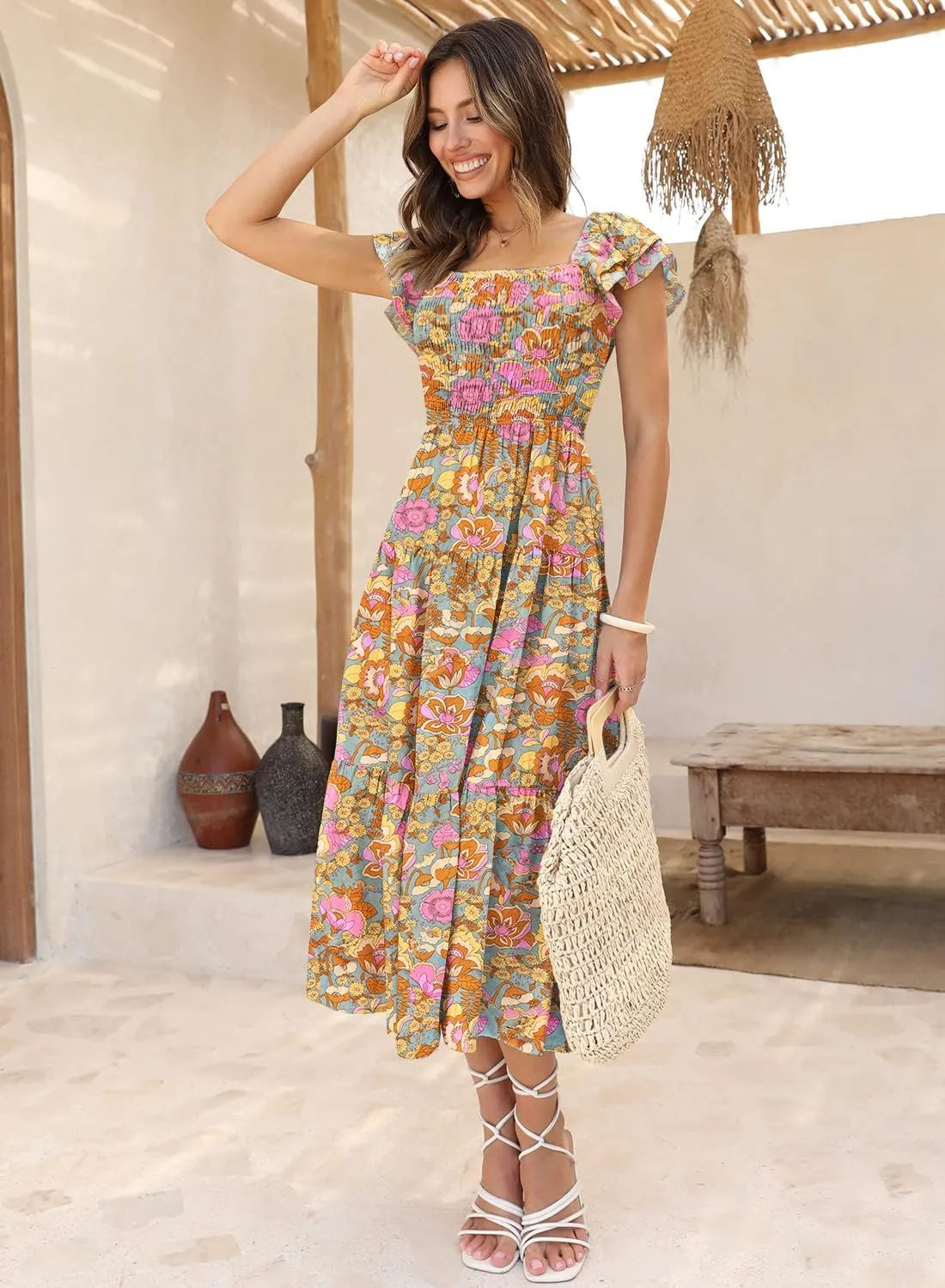 DOROSE Women's Summer Floral Dress Square Neck Smocked Boho Midi Dress Ruffle Tie Back Flowy Beach Long Tiered Dress