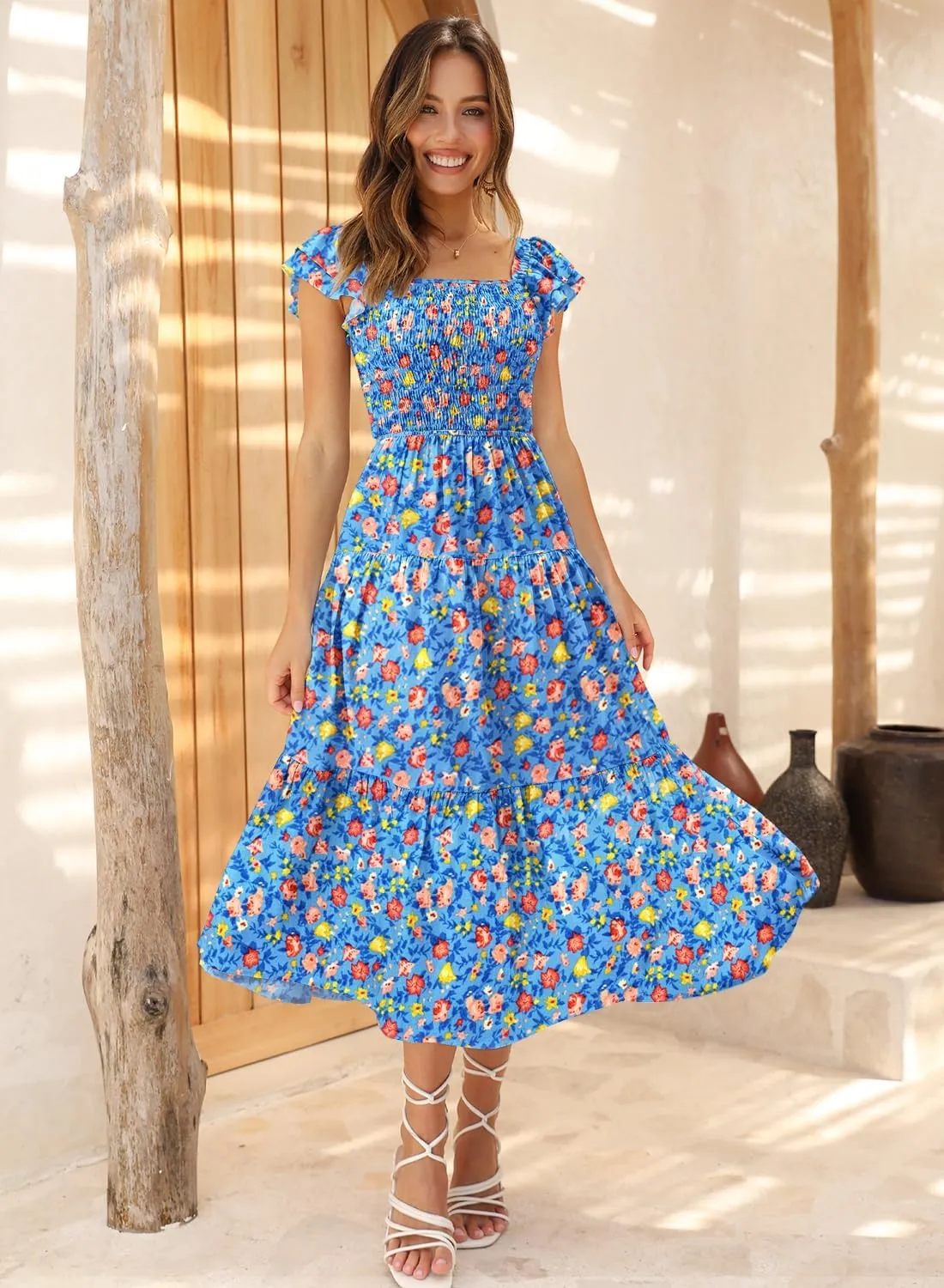 DOROSE Women's Summer Floral Dress Square Neck Smocked Boho Midi Dress Ruffle Tie Back Flowy Beach Long Tiered Dress