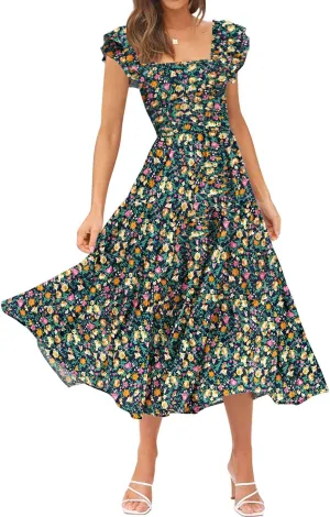 DOROSE Women's Summer Floral Dress Square Neck Smocked Boho Midi Dress Ruffle Tie Back Flowy Beach Long Tiered Dress