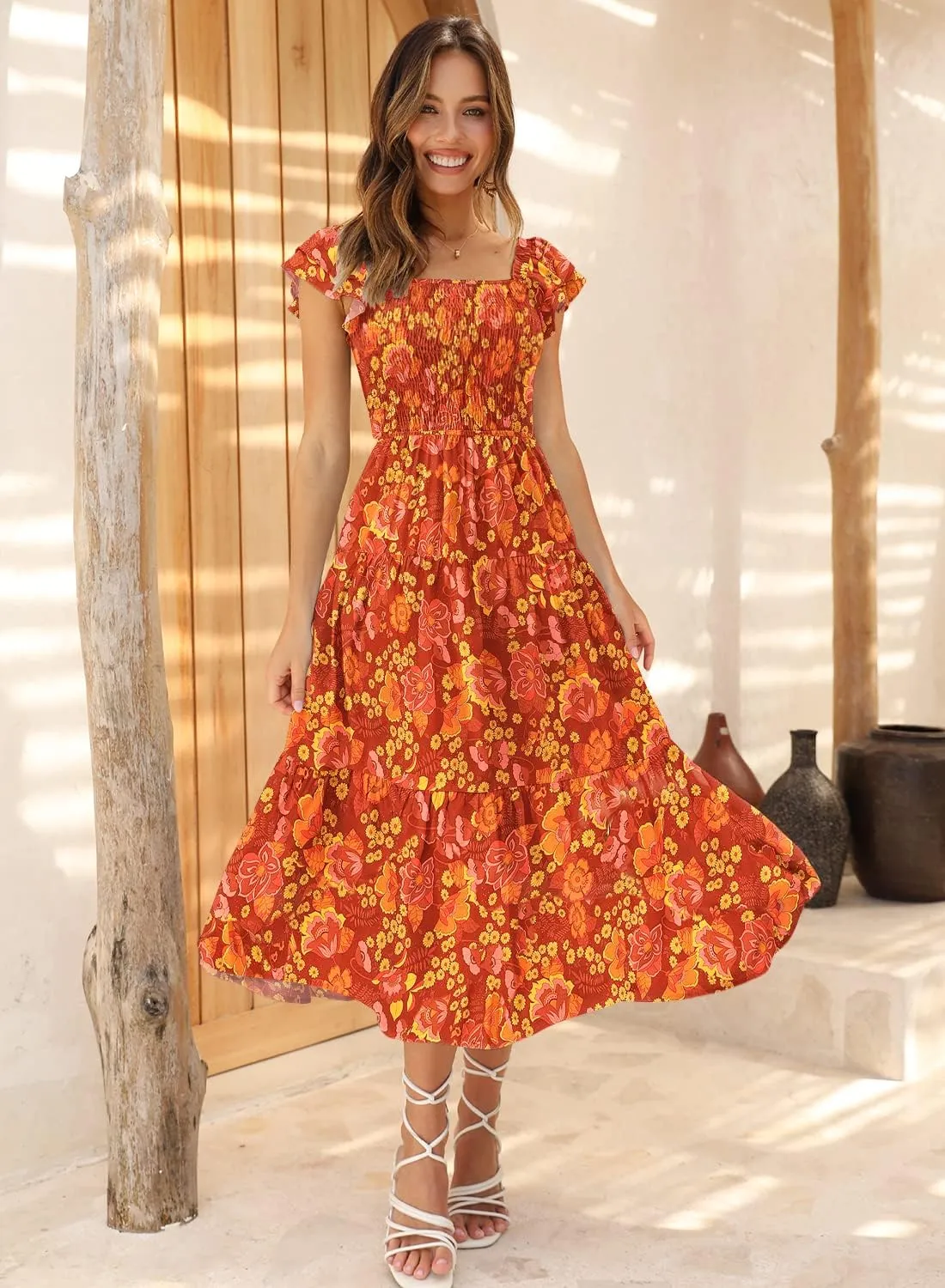 DOROSE Women's Summer Floral Dress Square Neck Smocked Boho Midi Dress Ruffle Tie Back Flowy Beach Long Tiered Dress