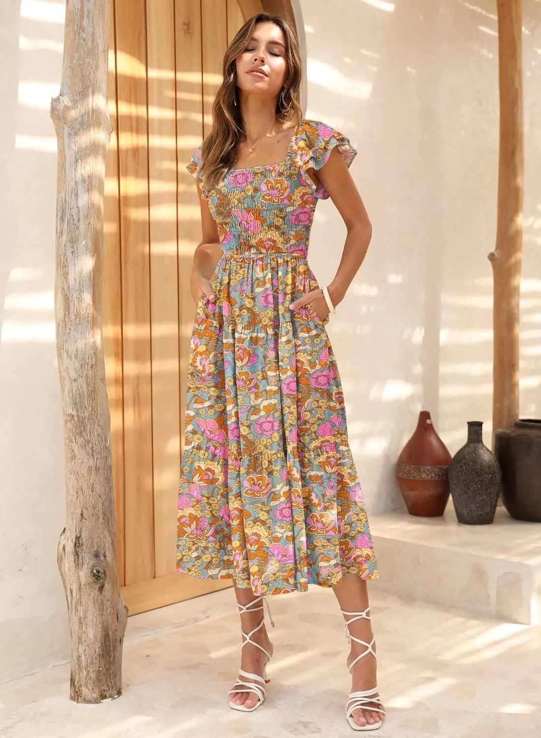 DOROSE Women's Summer Floral Dress Square Neck Smocked Boho Midi Dress Ruffle Tie Back Flowy Beach Long Tiered Dress