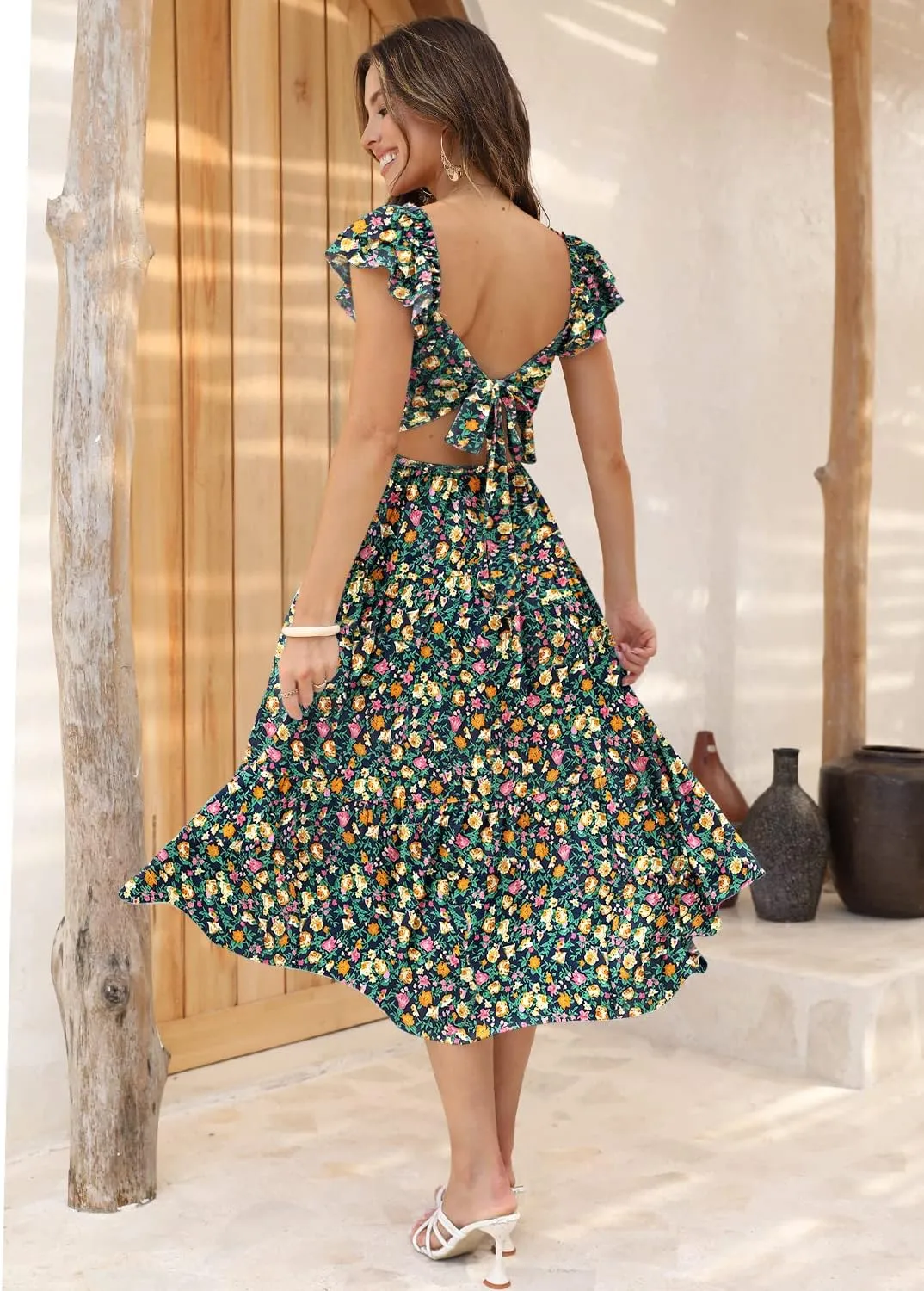 DOROSE Women's Summer Floral Dress Square Neck Smocked Boho Midi Dress Ruffle Tie Back Flowy Beach Long Tiered Dress