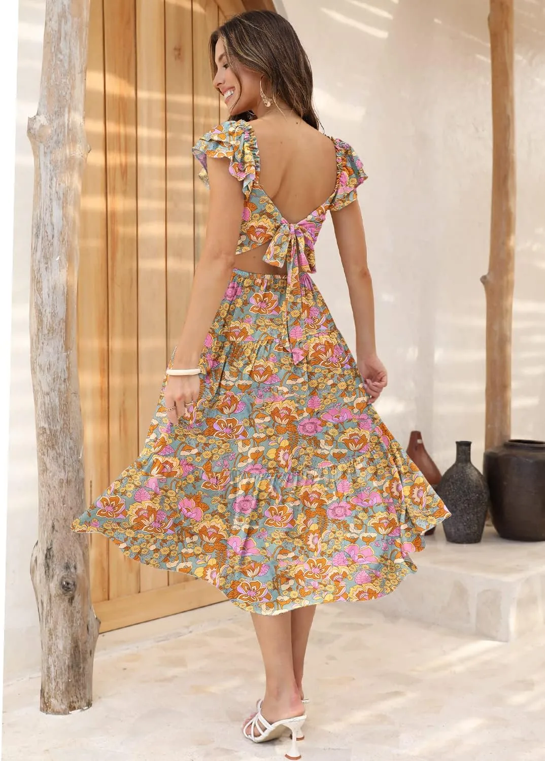 DOROSE Women's Summer Floral Dress Square Neck Smocked Boho Midi Dress Ruffle Tie Back Flowy Beach Long Tiered Dress