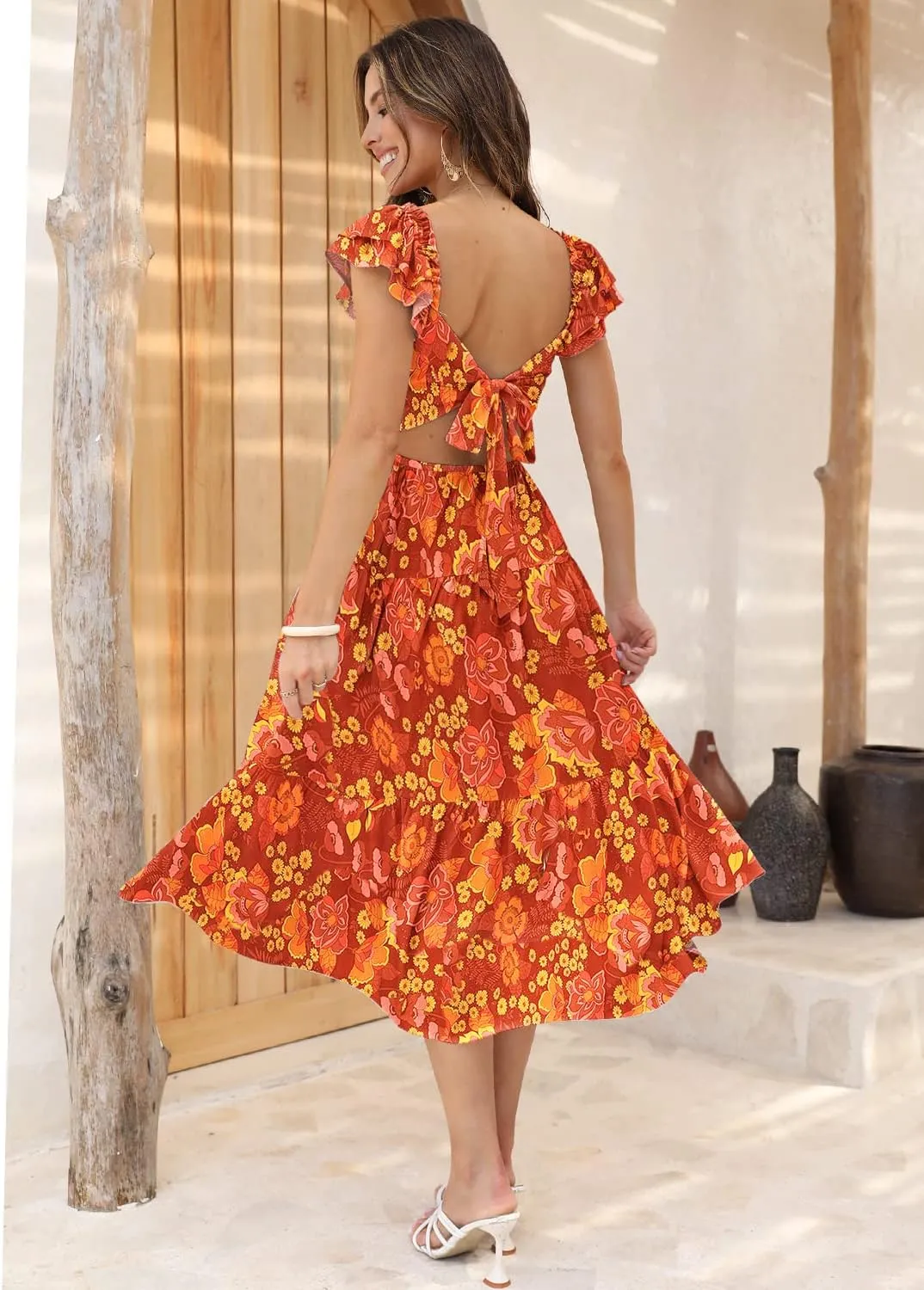 DOROSE Women's Summer Floral Dress Square Neck Smocked Boho Midi Dress Ruffle Tie Back Flowy Beach Long Tiered Dress