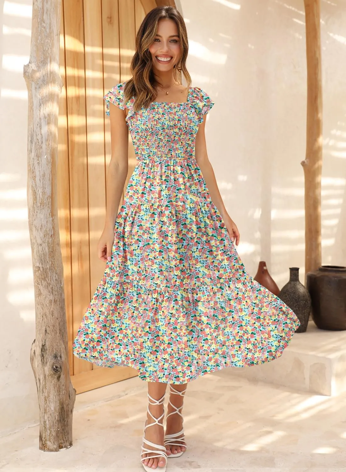 DOROSE Women's Summer Floral Dress Square Neck Smocked Boho Midi Dress Ruffle Tie Back Flowy Beach Long Tiered Dress