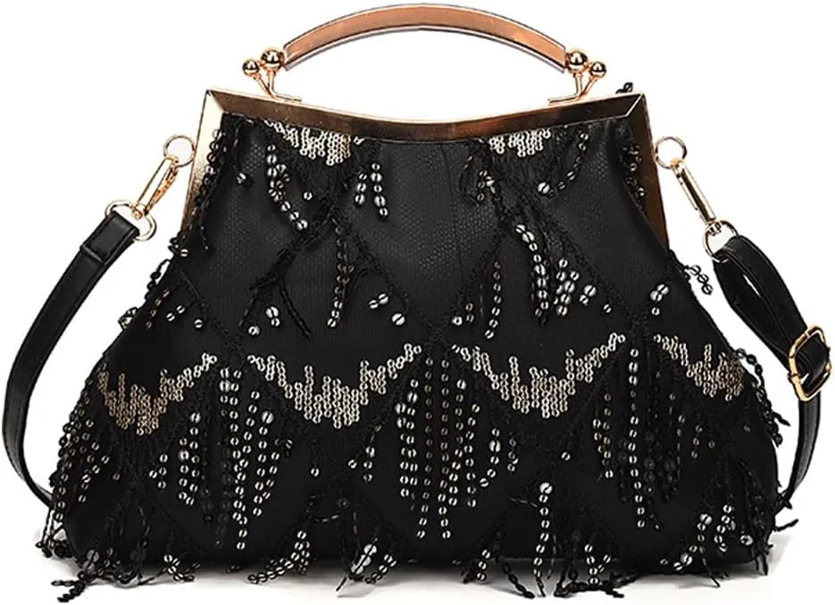 Downupdown Women Evening Bag Kiss Lock Purse Sequin Tassel Handbags Shoulder Crossbody Bags Clutch Lady Wedding Party Satchel