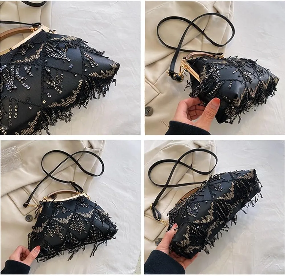 Downupdown Women Evening Bag Kiss Lock Purse Sequin Tassel Handbags Shoulder Crossbody Bags Clutch Lady Wedding Party Satchel