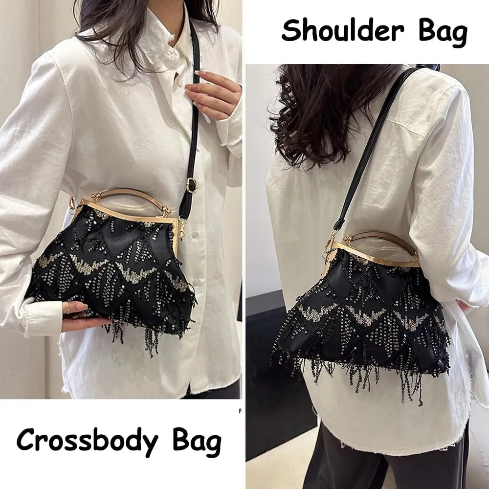 Downupdown Women Evening Bag Kiss Lock Purse Sequin Tassel Handbags Shoulder Crossbody Bags Clutch Lady Wedding Party Satchel