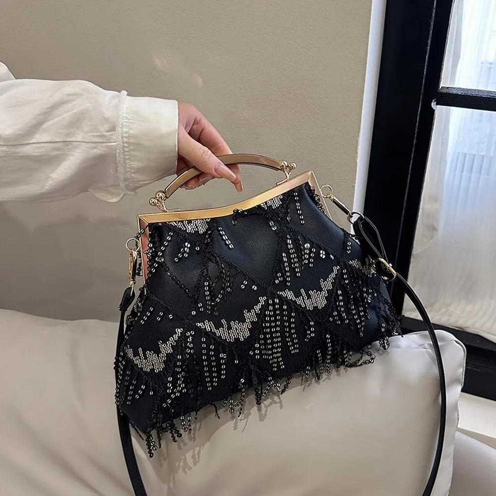 Downupdown Women Evening Bag Kiss Lock Purse Sequin Tassel Handbags Shoulder Crossbody Bags Clutch Lady Wedding Party Satchel