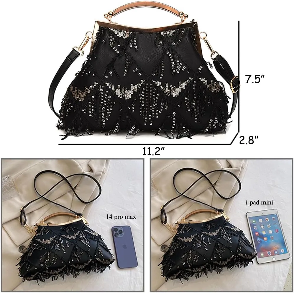 Downupdown Women Evening Bag Kiss Lock Purse Sequin Tassel Handbags Shoulder Crossbody Bags Clutch Lady Wedding Party Satchel
