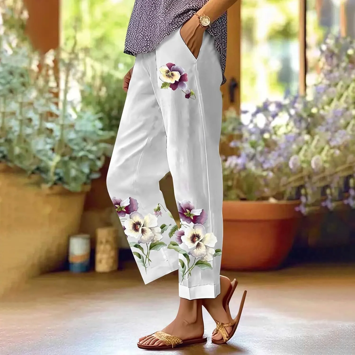 Drawstring Linen Pants Women Floral Cotton Linen Casual Pants Black Linen Pants Women Cropped Linen Pants Women