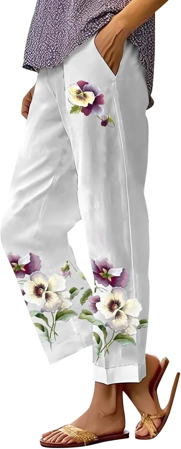 Drawstring Linen Pants Women Floral Cotton Linen Casual Pants Black Linen Pants Women Cropped Linen Pants Women