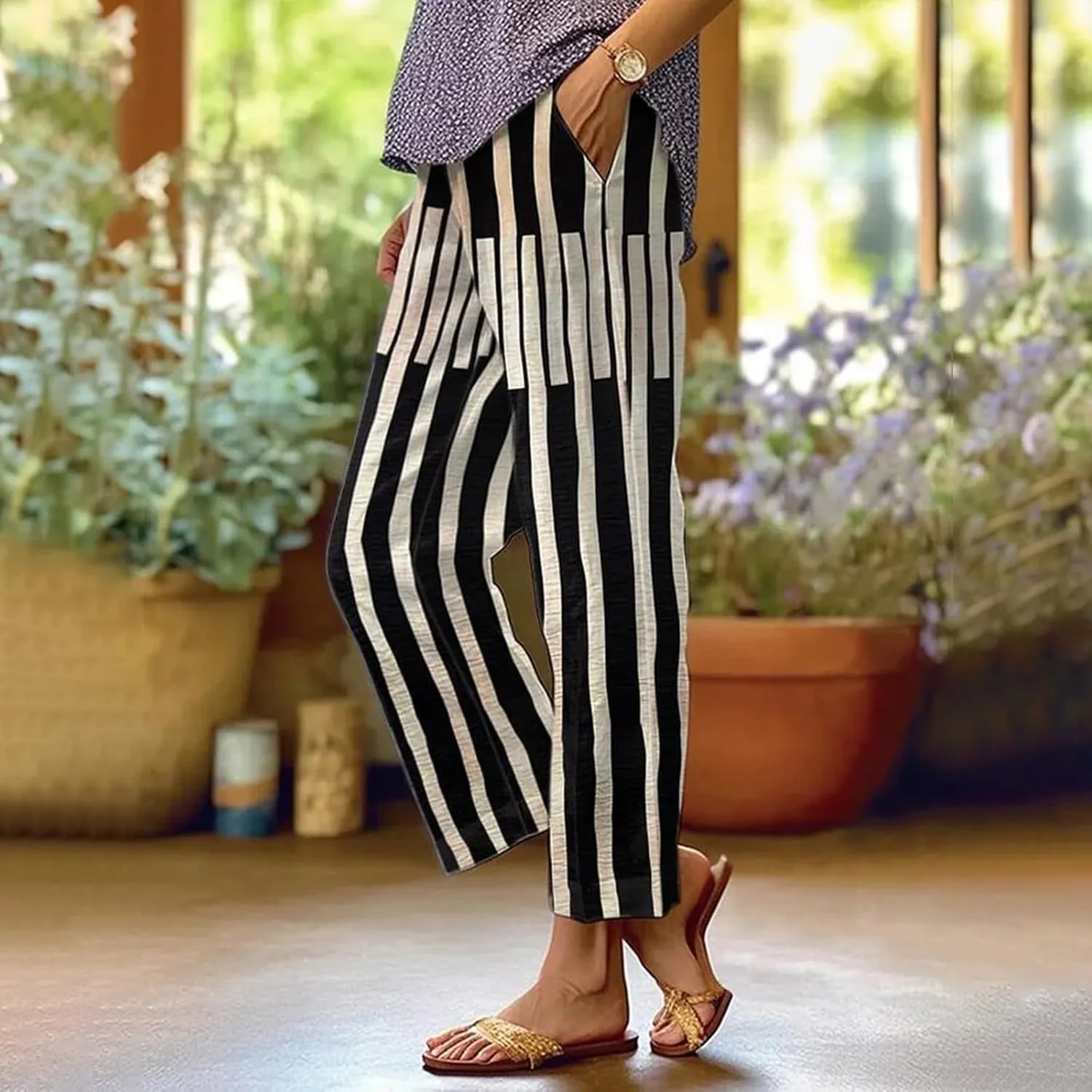 Drawstring Linen Pants Women Floral Cotton Linen Casual Pants Black Linen Pants Women Cropped Linen Pants Women