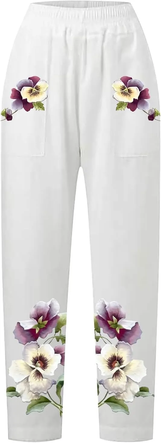 Drawstring Linen Pants Women Floral Cotton Linen Casual Pants Black Linen Pants Women Cropped Linen Pants Women
