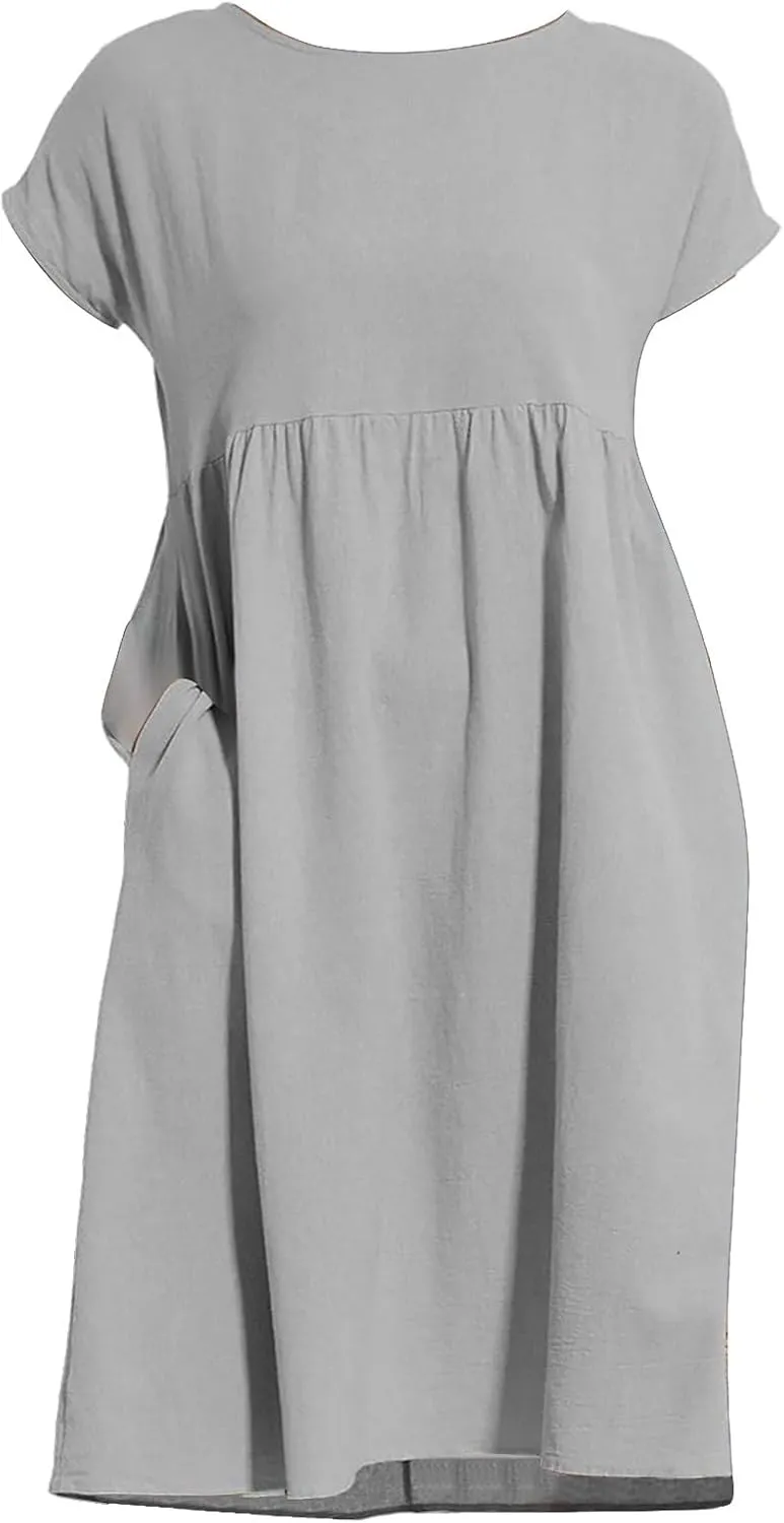 Dresses for Women 2024 Summer Plus Size Short Sleeves Cotton Linen Midi Dress Trendy Casual Loose Beach Sundress