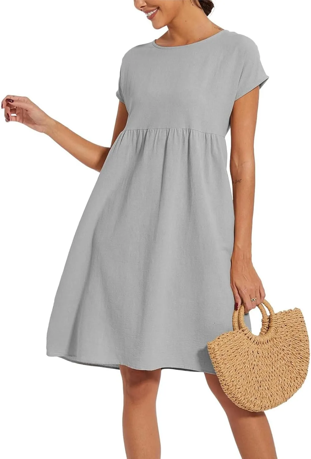 Dresses for Women 2024 Summer Plus Size Short Sleeves Cotton Linen Midi Dress Trendy Casual Loose Beach Sundress