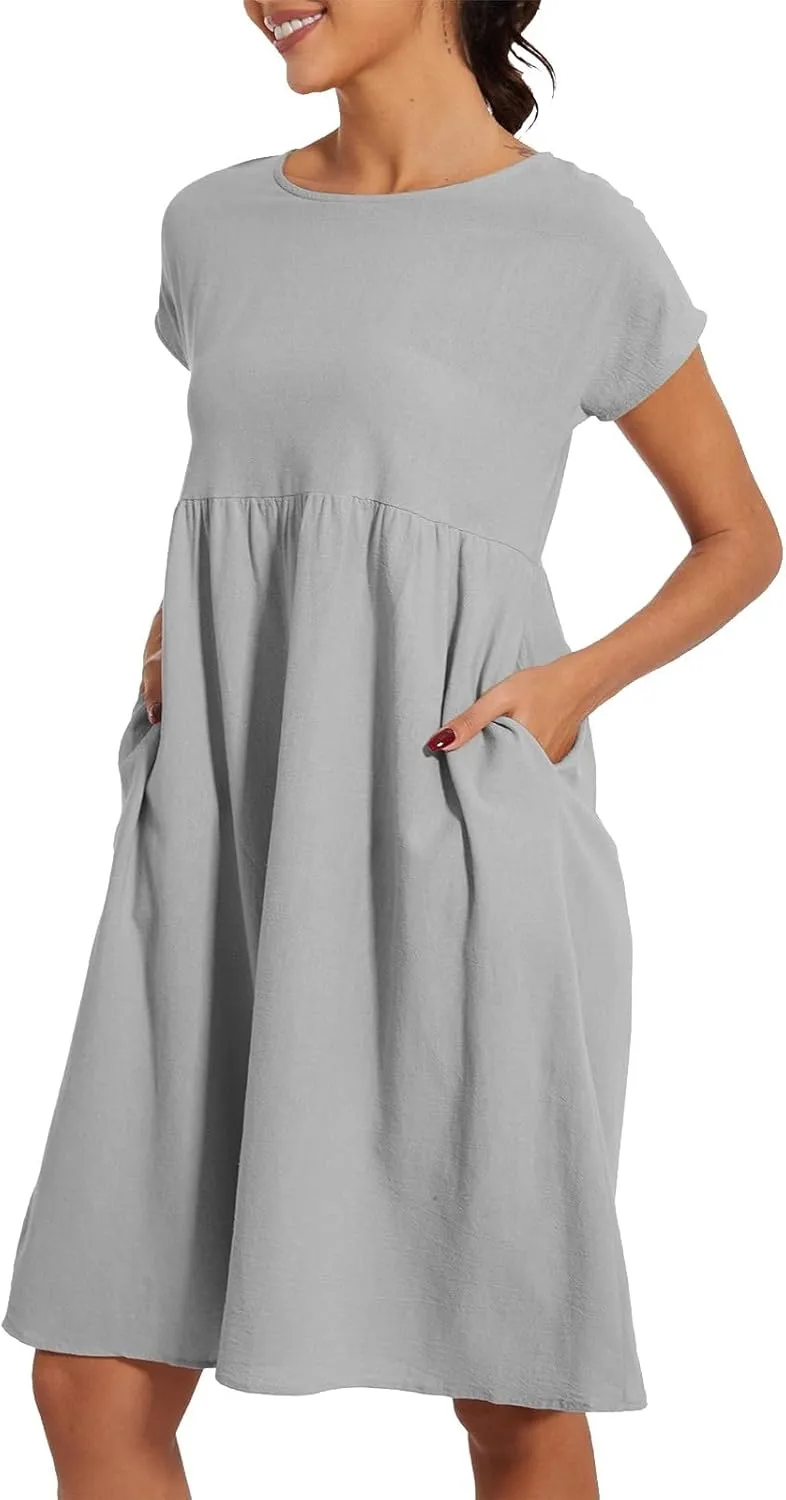 Dresses for Women 2024 Summer Plus Size Short Sleeves Cotton Linen Midi Dress Trendy Casual Loose Beach Sundress