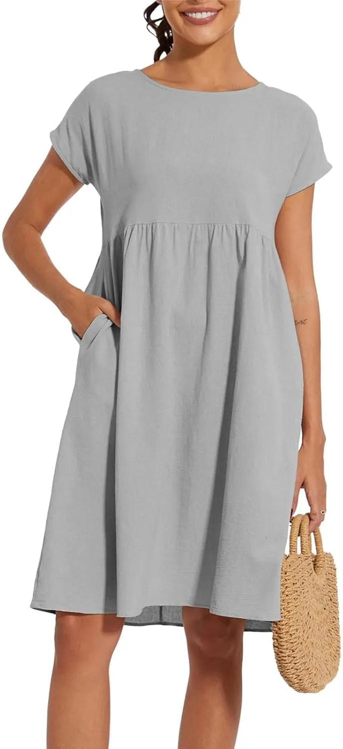 Dresses for Women 2024 Summer Plus Size Short Sleeves Cotton Linen Midi Dress Trendy Casual Loose Beach Sundress