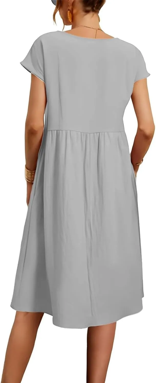 Dresses for Women 2024 Summer Plus Size Short Sleeves Cotton Linen Midi Dress Trendy Casual Loose Beach Sundress