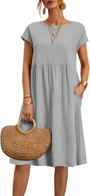 Dresses for Women 2024 Summer Plus Size Short Sleeves Cotton Linen Midi Dress Trendy Casual Loose Beach Sundress