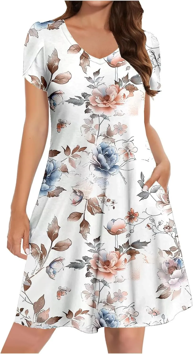 Dresses for Women 2025 Casual Spring Short Sleeve Floral Print Sundress Vacation Loose V-Neck Beach Dress with Pocket