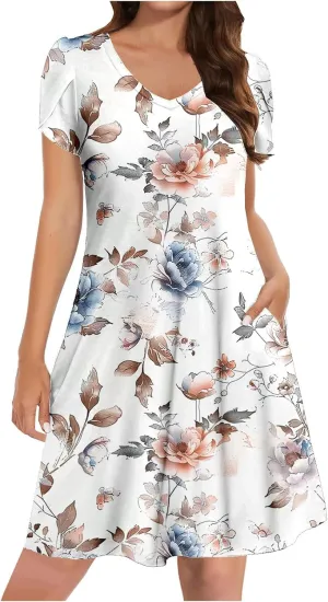 Dresses for Women 2025 Casual Spring Short Sleeve Floral Print Sundress Vacation Loose V-Neck Beach Dress with Pocket
