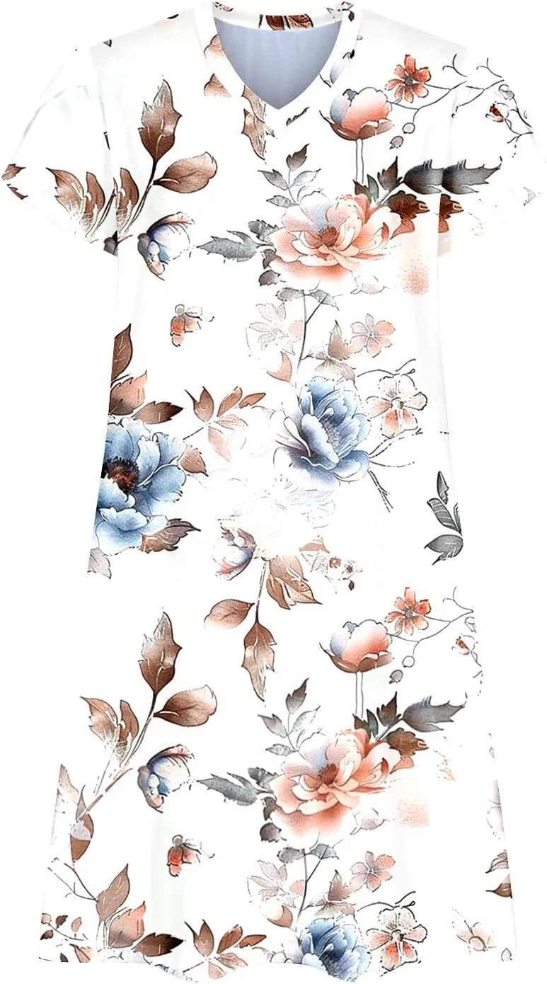 Dresses for Women 2025 Casual Spring Short Sleeve Floral Print Sundress Vacation Loose V-Neck Beach Dress with Pocket
