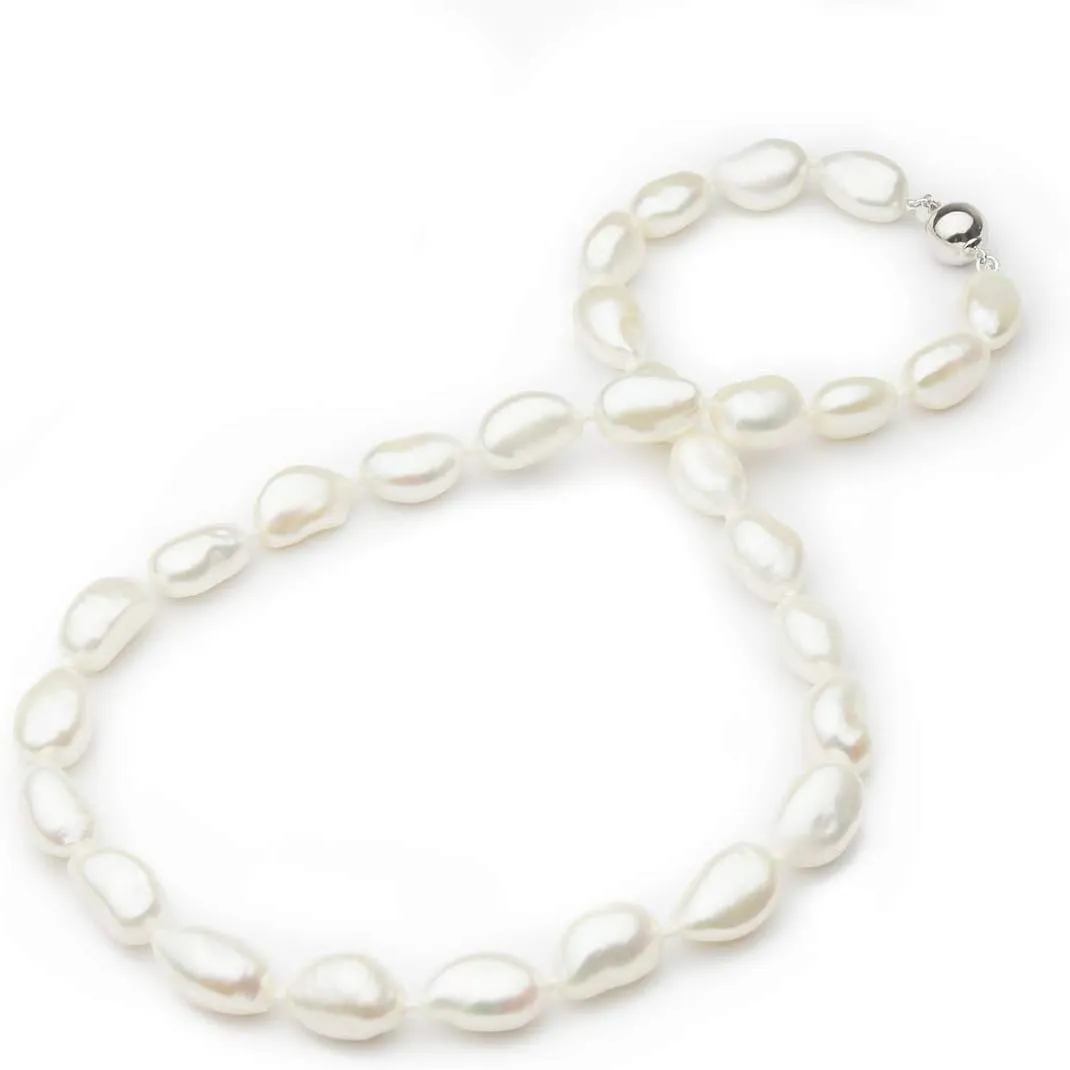 Drop White 10-11mm Single Strand Baroque Quality Freshwater 925 Sterling Silver Cultured Pearl Necklace