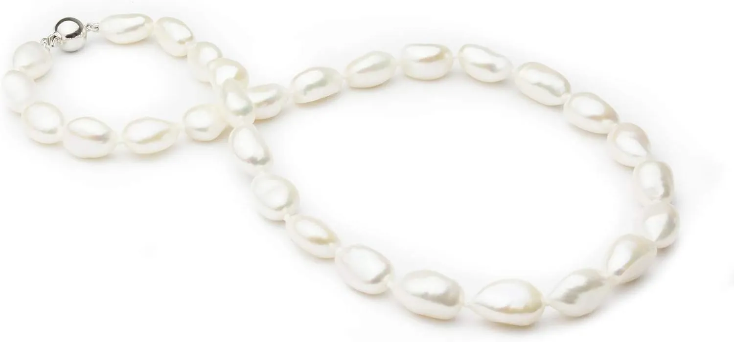 Drop White 10-11mm Single Strand Baroque Quality Freshwater 925 Sterling Silver Cultured Pearl Necklace