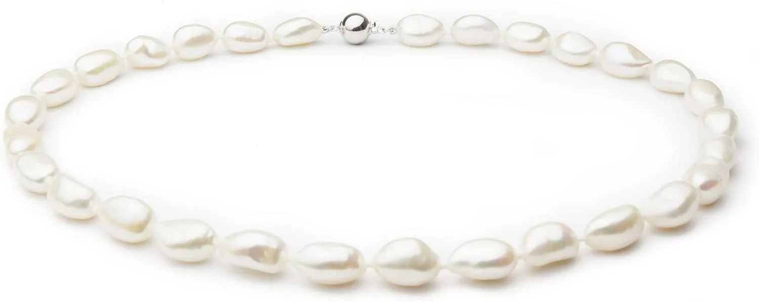 Drop White 10-11mm Single Strand Baroque Quality Freshwater 925 Sterling Silver Cultured Pearl Necklace
