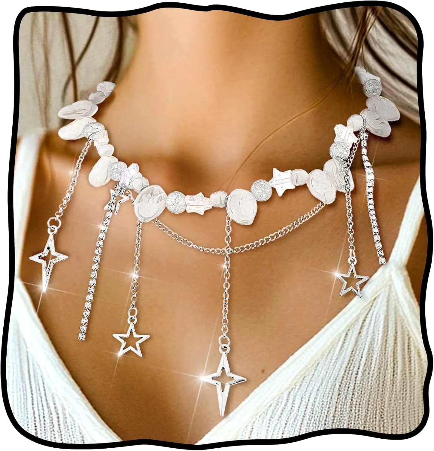 Elegant Pearl Necklace with Crystal Stars, White, Silver Chain, Baroque Freshwater Pearls, Dangling Star Charms, Adjustable Length