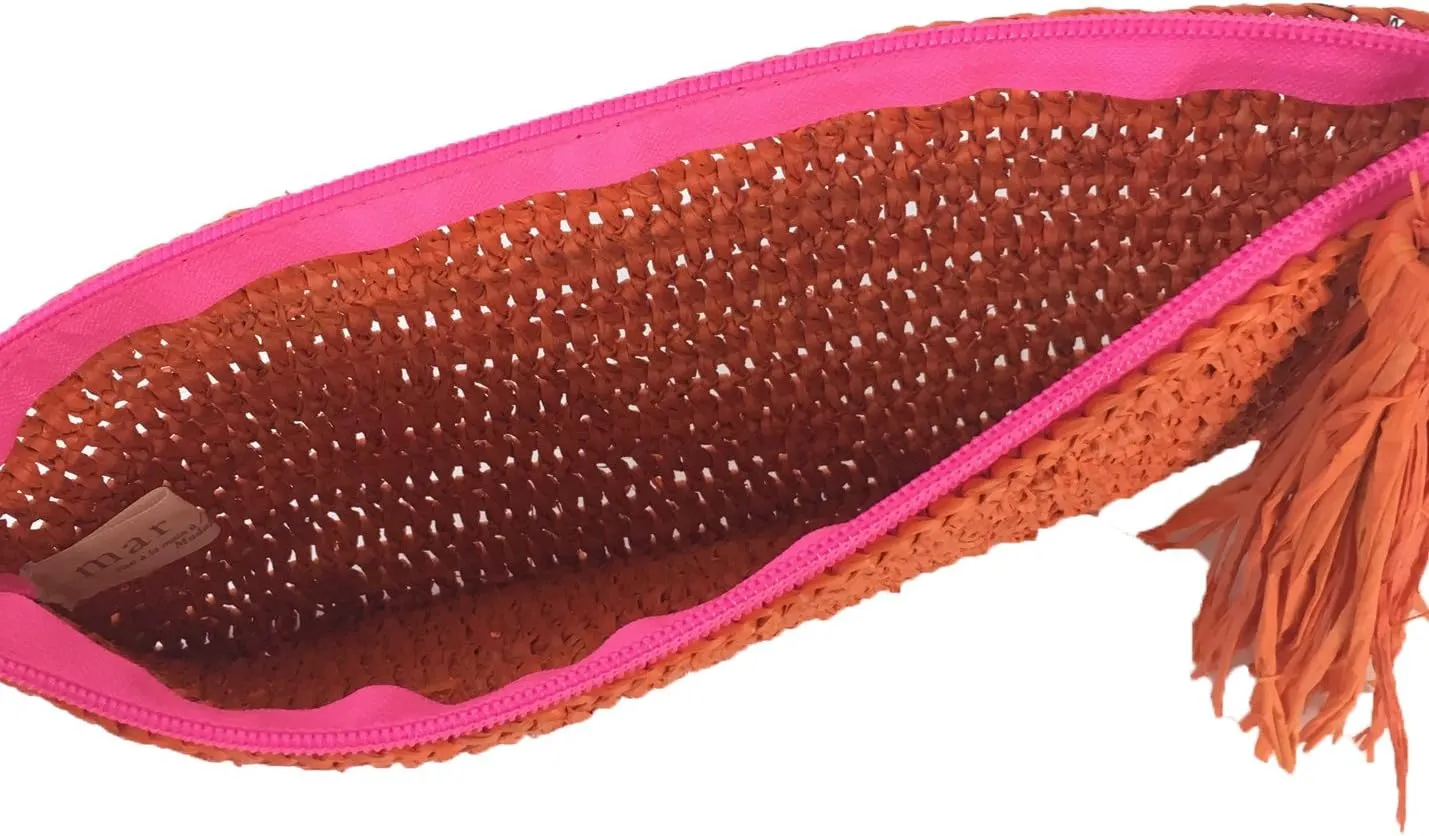 Emily Crochet Raffia Tassel Slim Clutch