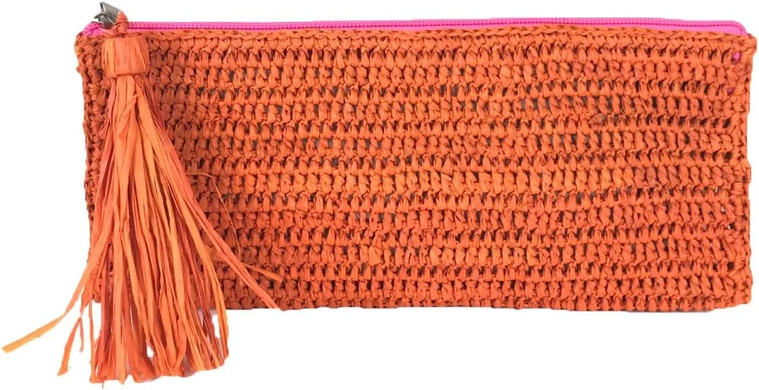 Emily Crochet Raffia Tassel Slim Clutch