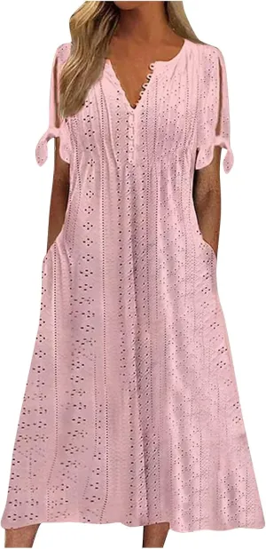 Eyelet Dresses for Women 2025 Midi Tie Knot Short Sleeve Summer Dresses Buttons Crew Neck Flowy Beach Dress with Pockets