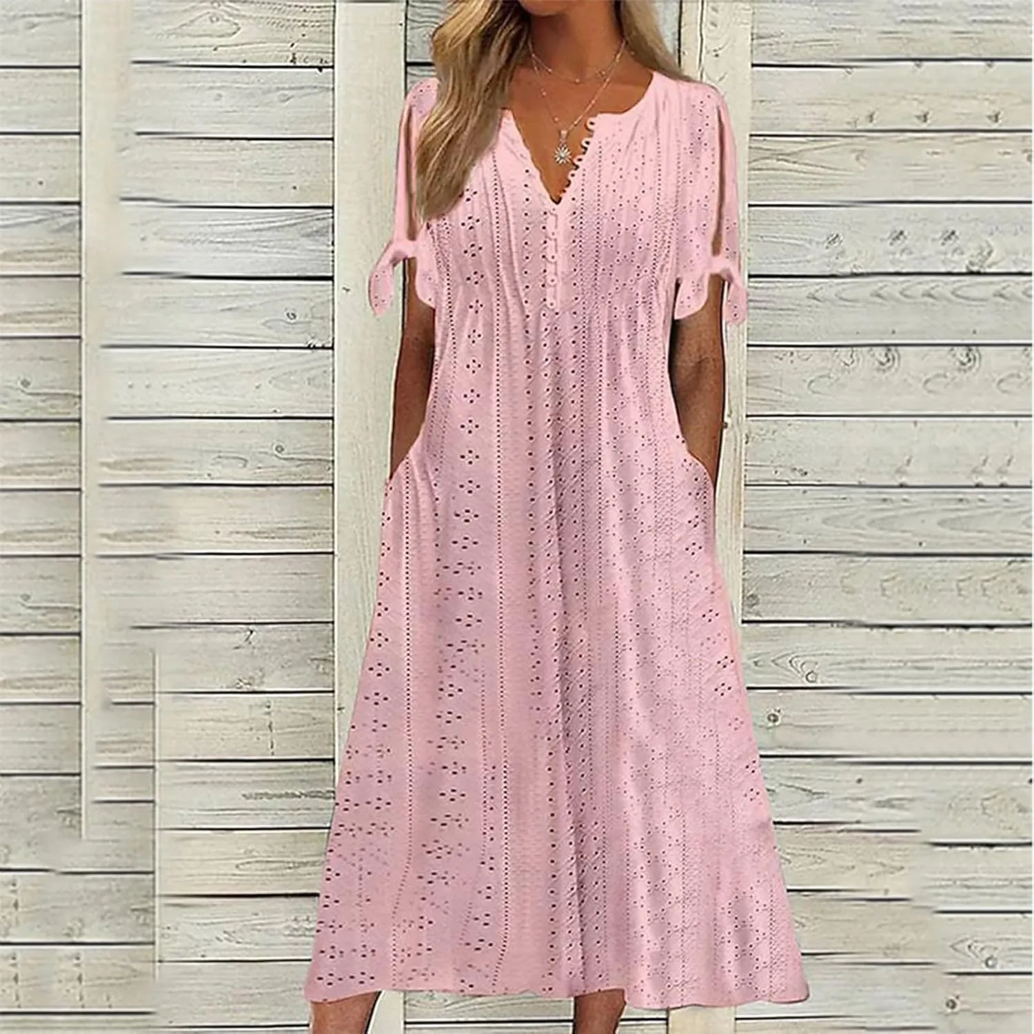 Eyelet Dresses for Women 2025 Midi Tie Knot Short Sleeve Summer Dresses Buttons Crew Neck Flowy Beach Dress with Pockets