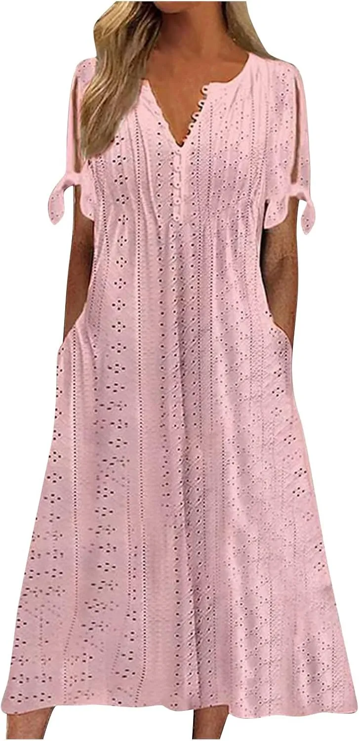 Eyelet Dresses for Women 2025 Midi Tie Knot Short Sleeve Summer Dresses Buttons Crew Neck Flowy Beach Dress with Pockets