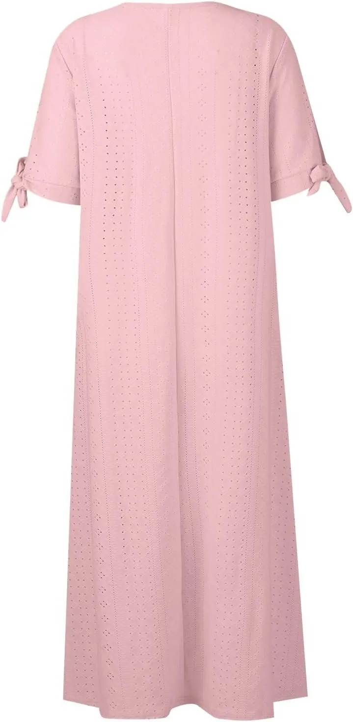 Eyelet Dresses for Women 2025 Midi Tie Knot Short Sleeve Summer Dresses Buttons Crew Neck Flowy Beach Dress with Pockets